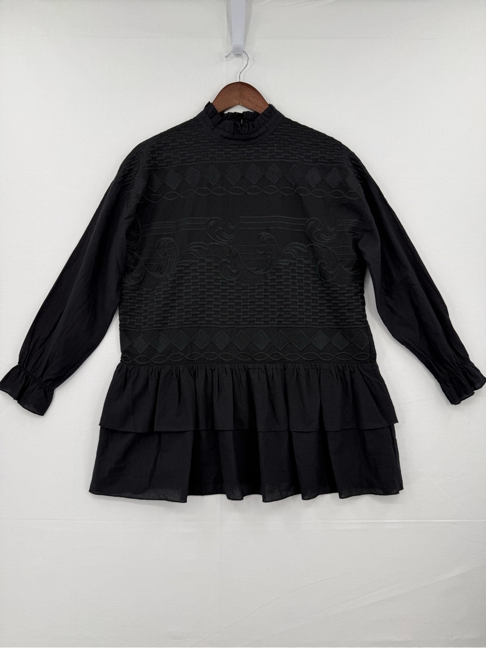 English Factory Black Textured Ruffle Neck Blouse Size S Tiered Peplum Top